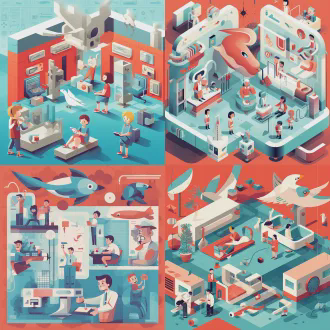 儿童在医院玩耍，开心蹦跳，与牙医和大毛绒玩偶互动，日报插画风格，几何图案与低多边形结合，浅红主题色配湖蓝点缀，矢量精准细节，粗勾线锐利边缘，扁平化设计，高对比度，对称布局，俯视构图，装饰性线条，动态波浪，简约美学，负空间平衡，广角镜头，侧光，快速快门。