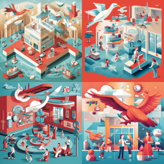 儿童医院欢乐场景，小朋友开心蹦跳，牙医与大毛绒玩偶互动，浅红主色调配湖蓝点缀，日报插画风格，几何与低多边形结合，矢量细节精准，粗勾线锐利边缘，对称俯视构图，高对比扁平化设计，装饰性线条，广角镜头侧光快速快门，动态波浪抽象点缀，简约美学平面设计，负空间平衡。