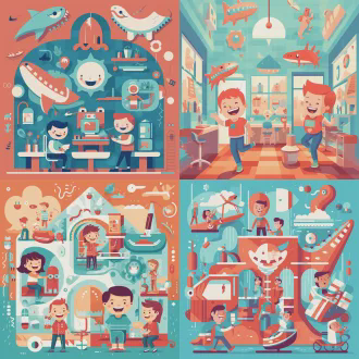 儿童在牙医诊所开心玩耍，蹦蹦跳跳，大毛绒玩偶陪伴，几何图案与低多边形结合，浅红色主题混合湖蓝点缀，矢量图形精准细节，粗勾线锐利边缘，俯视对称构图，高对比度扁平化设计，装饰性线条，日报插画风格，简约美学平面设计，负空间平衡，广角镜头，侧光，动态波浪，欢快氛围。