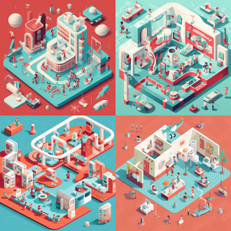 儿童在医院玩耍，开心蹦跳与牙医互动，大毛绒玩偶，几何图案与低多边形结合，矢量精准细节，浅红主色湖蓝点缀，日报插画风格，粗勾线锐利边缘，扁平化设计，高对比度，对称布局，俯视构图，抽象点缀，简约美学，装饰性线条，广角镜头，侧光，动态波浪，欢乐氛围。