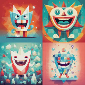 儿童卡通牙齿形象带手脚五官欢乐表情，丰富画面鲜艳色彩浅红主色调湖蓝点缀，日报插画风格几何低多边形结合，矢量精准细节抽象点缀简约美学，粗勾线锐利边缘负空间平衡，俯视对称构图高对比扁平化，装饰线条广角镜头侧光动态波浪