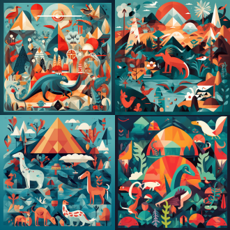 儿童画，小朋友与各种动物和可爱恐龙互动，热带雨林背景，俯视构图对称布局，几何图案与低多边形结合，浅红色主题混合湖蓝点缀，精准矢量细节粗勾线，高对比度扁平化设计，装饰性线条严肃表情，抽象点缀简约美学，负空间平衡，日报插画风格，广角镜头侧光，快速快门动态波浪。