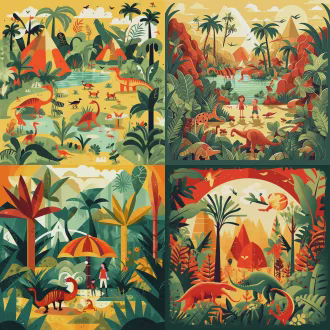 儿童画，热带雨林场景，小朋友与可爱恐龙互动，画面丰富颜色鲜艳，浅黄色主调，几何与低多边形结合，矢量图形精准细节，抽象点缀，简约平面设计，粗勾线锐利边缘，负空间平衡，单色加红色点缀，俯视对称构图，高对比度扁平化，装饰性线条，严肃表情历史感，广角镜头侧光动态波浪。