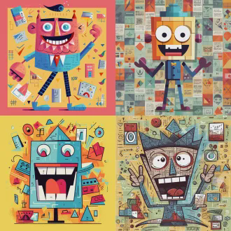 儿童画风格的小牙齿卡通形象，四肢和五官生动，日报插画风，几何图形与低多边形结合，矢量精准细节，抽象点缀，简约平面美学，粗勾线锐利边缘，对称构图，高对比度，扁平化设计，装饰线条，广角镜头，侧光，动态波浪，明亮色彩，活泼可爱，温暖色调，快乐氛围。