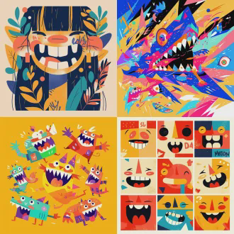 儿童画，卡通小牙齿形象，四肢五官生动，日报插画风格，几何与低多边形结合，矢量精准细节，抽象点缀，简约平面设计，粗勾线锐利边缘，对称布局，高对比度，扁平化设计，装饰性线条，广角镜头，侧光，快速快门，动态波浪，活泼可爱，明亮色彩，快乐情绪。