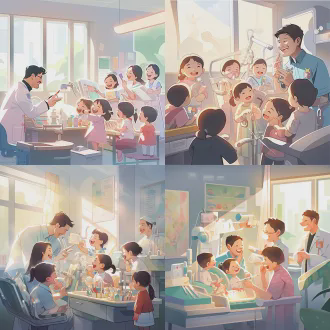 牙医教小朋友刷牙，横版海报，平面插画风格，鲜艳色彩，卡通线条，平面色块，中国风，背景医疗器械，阳光透过窗户，温暖明亮，医生蹲下耐心示范，小朋友开心学习，欢乐互动，细节丰富，活泼生动，高饱和度，简洁构图，正面视角，柔和阴影，装饰感强。