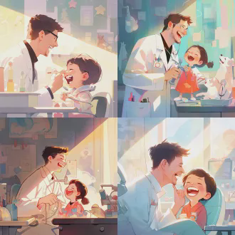 牙医教小朋友刷牙，横版海报，卡通中国插画风格，平面色块，鲜艳色彩，粗线条轮廓，梦幻阳光，医疗设备背景，欢乐小狗玩耍，医生穿白大褂微笑，小朋友好奇表情，明亮窗户光晕，不真实儿童画感，柔和阴影，高饱和度，温馨快乐氛围，矢量插画，简笔画风格，夸张比例，生动活泼