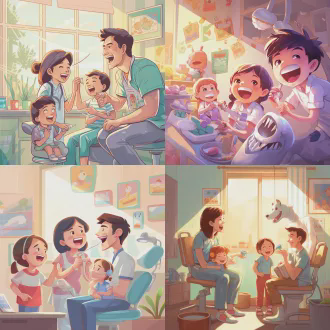 牙医教小朋友刷牙，横版海报，平面插画风格，鲜艳色彩，卡通线条，平面色块，中国风，背景医疗器械，阳光透过窗户，小狗玩耍，梦幻感，儿童画感，不真实，对称构图，柔和光线，微笑表情，明亮色调，欢乐氛围