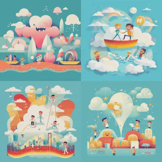 牙医主题横版海报，儿童在云端乐园嬉戏，黄色主调，浅湖蓝与浅红点缀，梦幻卡通风格，几何低多边形结合，矢量精准细节，日报插画风，抽象点缀，简约平面美学，粗勾线锐利边缘，平面插画，鲜艳色彩，卡通线条，不真实感，儿童画风，明亮光线，柔和阴影，欢快表情，活泼动态，对称构图，清新色调，微笑牙齿元素