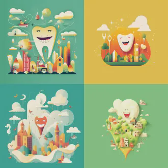 牙医主题横版海报，牙齿小人云端乐园嬉戏，黄色主调，浅暗绿与浅红点缀，梦幻儿童画风，日报插画风格，几何低多边形结合，矢量精准细节，抽象点缀，简约平面美学，粗勾线锐利边缘，明亮色彩，卡通线条，夸张比例，扁平化设计，高饱和度，柔和阴影，2d渲染，欢乐氛围