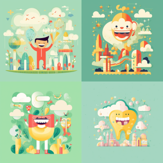 牙医主题横版海报，牙齿小人戴小眼镜小嘴不笑短四肢，云端乐园玩耍，黄色主色调浅暗绿浅红点缀，梦幻儿童画风，几何低多边形结合，矢量精准细节抽象点缀，简约美学平面设计，粗勾线锐利边缘，日报插画风格，平面鲜艳色彩卡通线条。