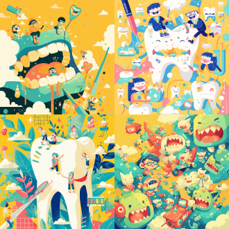 牙医主题横版海报，牙齿小人在云端乐园嬉戏，戴小眼镜小嘴不笑，小四肢，几何图案与低多边形结合，矢量图形精准细节，抽象点缀，简约美学平面设计，粗勾线锐利边缘，鲜艳色彩卡通线条，黄色主题浅暗绿浅红点缀，梦幻感儿童画感不真实，日报插画风格，平面插画风格，高饱和度，明亮色调，欢乐轻松氛围，2d矢量设计