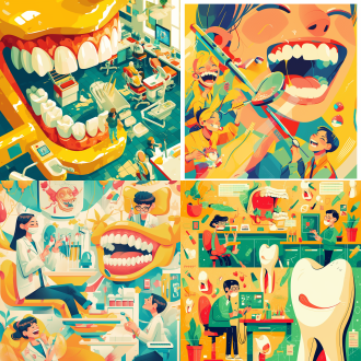 牙医主题横版海报，几何图案与低多边形结合，矢量图形精准细节，抽象点缀，简约美学平面设计，粗勾线锐利边缘，鲜艳色彩卡通线条，黄色主题浅暗绿浅红点缀，梦幻感儿童画感不真实，日报插画风格，平面插画风格，高饱和度，明亮色调，欢乐轻松氛围，2d矢量设计