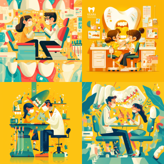 牙医主题横版海报，几何低多边形结合，矢量精准细节，抽象点缀，简约平面设计，粗勾线锐利边缘，鲜艳色彩卡通线条，黄色主题浅暗绿浅红点缀，梦幻儿童画风，日报插画风格，高饱和度明亮色调，欢乐轻松氛围，2d矢量设计，对称构图，微笑牙医与患者，夸张牙齿造型，平面阴影，简洁背景