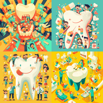 "牙医海报设计，横版构图，大牙齿中心，卡通人物左右对称，几何低多边形风格，矢量精确线条，抽象装饰元素，简约平面美学，粗黑勾边锐利，黄色主色调配浅绿浅红点缀，梦幻不真实感，儿童画风，日报插画风格，2d矢量，高饱和明亮色调，欢乐轻松氛围。"