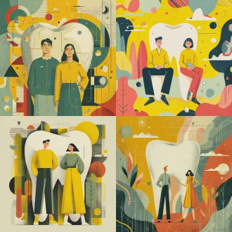 牙医主题横版海报，一大颗牙，两个人，两个形象，元素简单，几何图案与低多边形结合，矢量图形精准细节，抽象点缀，简约美学平面设计，粗勾线锐利边缘，鲜艳色彩卡通线条，黄色主题浅暗绿浅红点缀，梦幻感儿童画感不真实，日报插画风格，平面插画风格，高饱和度，明亮色调，欢乐轻松氛围，2d矢量设