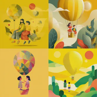 热气球和两个小朋友，元素简单，几何图案与低多边形结合，矢量图形精准细节，抽象点缀，简约美学平面设计，粗勾线锐利边缘，鲜艳色彩卡通线条，黄色主题浅暗绿浅红点缀，梦幻感儿童画感不真实，日报插画风格，平面插画风格，高饱和度，明亮色调，欢乐轻松氛围