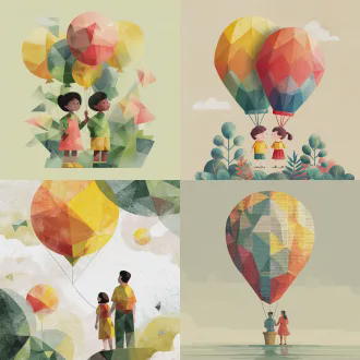 热气球和两个小朋友，元素简单，几何图案与低多边形结合，矢量图形精准细节，抽象点缀，简约美学平面设计，粗勾线锐利边缘，鲜艳色彩卡通线条，淡黄色，浅暗绿，浅红点缀，梦幻感儿童画感不真实，日报插画风格，平面插画风格，高饱和度，明亮色调，欢乐轻松氛围
