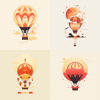 设计一副插画，极简主义平面设计风格，热气球，小朋友，浅黄色，远景，高眺的舞台风格，金色与红色色调，东方美学，禅意