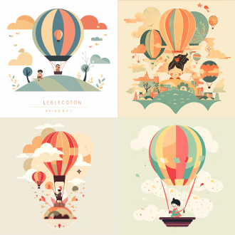 设计一副插画，极简主义平面设计风格，热气球，小朋友，浅黄色，浅红色，浅蓝绿色，颜色鲜艳，远景，近景有小朋友玩耍，高眺的舞台风格，金色与红色色调，东方美学，禅意