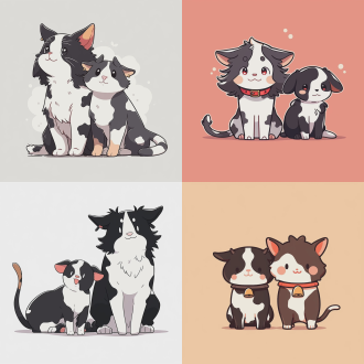一只奶牛猫和一只边牧犬，卡通风格，简单线条，轻松氛围，，平面设计