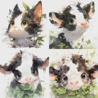 水墨画风格，奶牛猫，大脸小耳朵，大眼睛，绿眼睛，毛茸茸