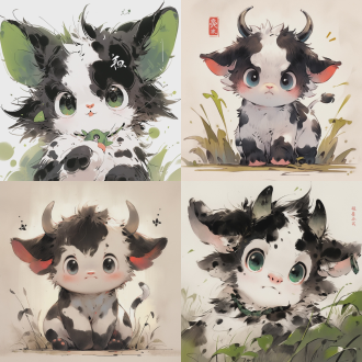 中国水墨画风格，卡通，q版，奶牛猫，大脸小耳朵，大眼睛，绿眼睛，毛茸茸