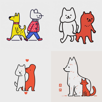 a dog and a cat，ink style illustration,chinese style, doodle in the style of keith haring, simplified line work, memphis style, full body, white background, elegant character illustrations, solid colors, simple details, minimalist, minimal art, flat illustration