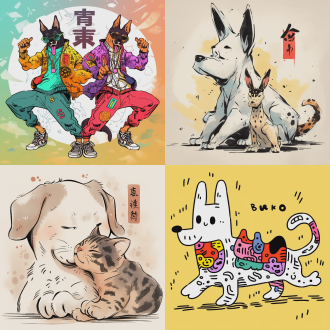 a dog and a cat，ink style illustration,chinese style, doodle in the style of keith haring,
