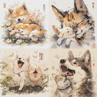 a dog and a cat，chinese watercolor painting，ink painting，art nouveau，happy expression