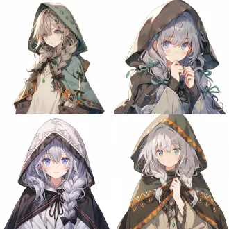 少女，单手叉腰站立，带兜帽披风，一头银灰色长卷发梳成两个低马尾。淡蓝色的眼睛透出对各种事物的好奇。肤色健康，脸上总是挂着笑容，有亲和力。