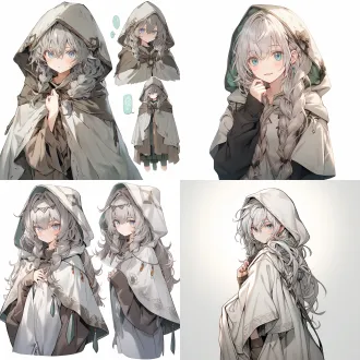 少女，全身，单手叉腰站立，带兜帽披风，一头银灰色长卷发梳成两个低马尾。淡蓝色的眼睛透出对各种事物的好奇。肤色健康，脸上总是挂着笑容，披着灰白色的兜帽披风，里面穿紧身衣和短裤，腰上别着各种探索工具，方便在废墟中穿梭。背一个大行囊，方便收集物品。护腿长袜配拳击靴，手上戴着护手，