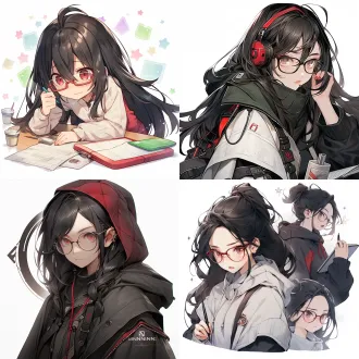 少女立绘，黑长直，一头飘逸的长发，工作时会扎成马尾，头上架着一副多功能眼镜。宝石红色的眼睛透出睿智。苍白的皮肤，没有很多表情。高领毛衣护住脖子（怕冷），西装短裙，披一件黑色长披风，准备随时脱掉干活，上面别着一枚象征工程师荣誉的徽章。拎一个小型手提箱，装着各种工程资料。黑色丝袜配长靴。常年戴着手套。
