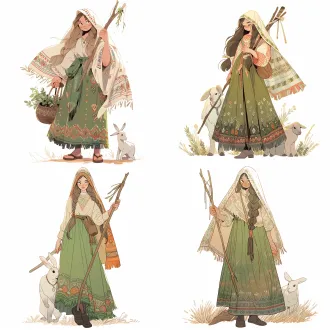 少女，全身立绘，站立姿势，淡金色的长发，戴着干农活的头巾。灰色的眼睛，健康的肤色脸上零星几个雀斑，穿着棉布流苏的长裙，淡绿色民族风的披肩，戴着有神秘图案的项链，穿着绣花平底鞋，拿着一把农叉，肩膀上蹲着一只兔子