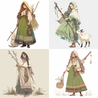 少女，全身立绘，站立姿势，淡金色的长发，戴着干农活的头巾。灰色的眼睛，健康的肤色脸上零星几个雀斑，穿着棉布流苏的长裙，淡绿色民族风的披肩，戴着有神秘图案的项链，穿着绣花平底鞋，拿着一把农叉，肩膀上蹲着一只兔子