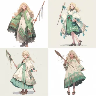 日漫风，少女，全身立绘，站立姿势，淡金色的长发。灰色的眼睛，健康的肤色脸上零星几个雀斑，穿着棉布流苏的长裙，淡绿色的披肩，戴着有神秘图案的项链，穿着绣花平底鞋，拿着一把农叉