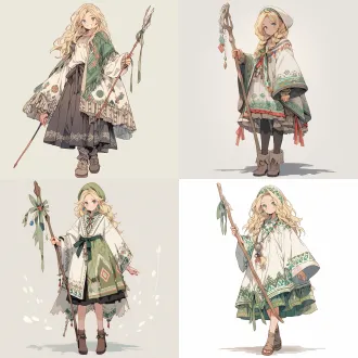 日漫风，少女，全身立绘，站立姿势，淡金色的长发。灰色的眼睛，健康的肤色脸上零星几个雀斑，穿着棉布流苏的长裙，淡绿色的披肩，戴着有神秘图案的项链，穿着绣花平底鞋，拿着一把农叉