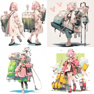 日漫风，少女，全身立绘，站立姿势，医疗救援官，淡粉色的短发。金色的眼睛，健康的肤色，中华娘丸子头，脸上戴着机械口罩，假腿义肢，穿着护士服，动作俏皮，手里拿着打吊瓶，背着医护背包。