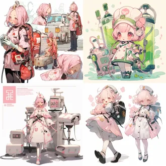日漫风，少女，全身立绘，站立姿势，医疗救援官，假腿，机械义肢，淡粉色的短发。金色的眼睛，健康的肤色，中华娘丸子头，脸上戴着机械口罩，穿着护士服，动作俏皮，手里拿着打吊瓶，背着医护背包。
