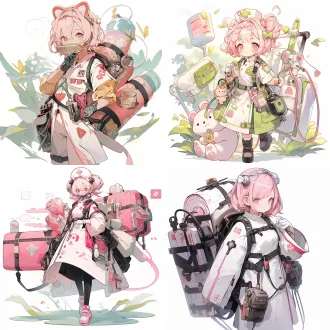 日漫风，少女，全身立绘，站立姿势，医疗救援官，机械手臂，淡粉色的短发。金色的眼睛，健康的肤色，中华娘丸子头，脸上戴着机械口罩，穿着护士服，动作俏皮，手里拿着打吊瓶，背着医护背包。
