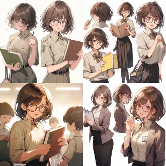 日漫风，少女，全身立绘，站立姿势，教师，体弱多病，给人温暖和希望的感觉，浅棕色短发，戴眼镜，穿教师职业装，拿着一本书，脖子上挂着教师证