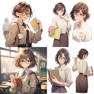 日漫风，少女，全身立绘，站立姿势，教师，体弱多病，给人温暖和希望的感觉，浅棕色短发，戴眼镜，穿教师职业装，拿着一本书，脖子上挂着教师证