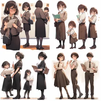 全身立绘，站立姿势，日漫风，少女，教师，体弱多病，给人温暖和希望的感觉，浅棕色短发，戴眼镜，穿教师职业装，穿包臀短裙，黑丝袜，乐福鞋，拿着一本书，脖子上挂着教师证