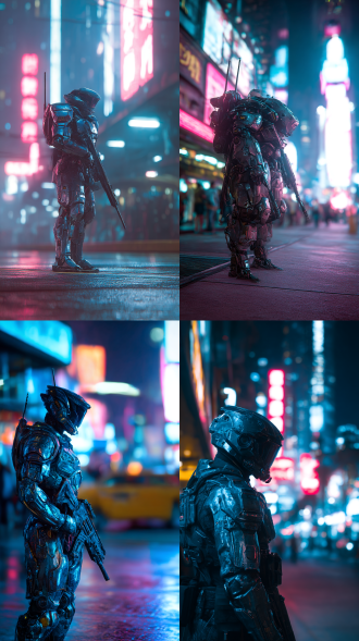机甲风，夜晚城市街道，霓虹灯光，高楼大厦背景，机甲战士，金属质感铠甲，冷色调，长焦镜头，侧逆光，动作准备出击，未来科幻，紧张刺激。