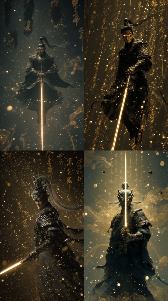 暗黑科幻中国风画面，3d超写实轩辕黄帝(重瞳龙颜/玄甲龙鳞战袍/手持发光轩辕剑)悬浮于虚空，剑尖滴落液态星辰，背后悬浮九鼎虚影，破碎战场残骸漂浮，空中流动篆书火瀑，暗金色主色调，电影级战争特效，粒子光尘，超现实国风，8k细节，工笔画 水墨 道 禅宗 天野喜孝 新川洋司 通感艺术 极简主义 星云 梦幻云彩 全身 仰视视角 对角线构图 低角度