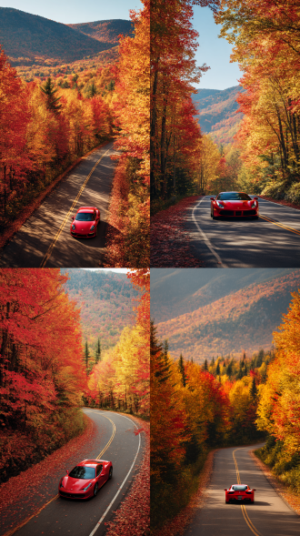photography by annie leibovitz，全景，平视角度，一条公路蜿蜒穿过绚烂的深秋枫叶林，地上铺满了缤纷的落叶，红叶如火般燃烧。金色的阳光倾洒而下，照亮了整个场景。一辆红色跑车在公路上飞驰，仿佛一道红色的闪电。背景是连绵的山峦，与枫叶林相互映衬。灯光从正前方均匀洒落，突出枫叶的色彩和跑车的光泽。采用大光圈，浅景深，聚焦于跑车和枫叶，快门速度适中，捕捉跑车飞驰带起落叶飞扬的瞬间。使用高端全画幅相机和定焦镜头，呈现出超好的质量和极致的细节，展现出速度与美景的完美融合