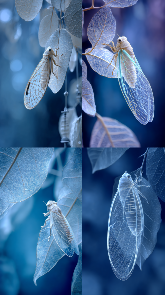白色，如蝉翼般透明的树叶材质，透明感，通透，光暗对比強烈，在树叶上镂空雕刻着一个琵琶，禅意，优雅，整体构图要有一种透明感覚，令人印象深刻的画面。背景蓝色虚化，微距镜头，8k超高清分辨率，c4d质感 丁达尔光，古风背景，有吊坠，简约风格