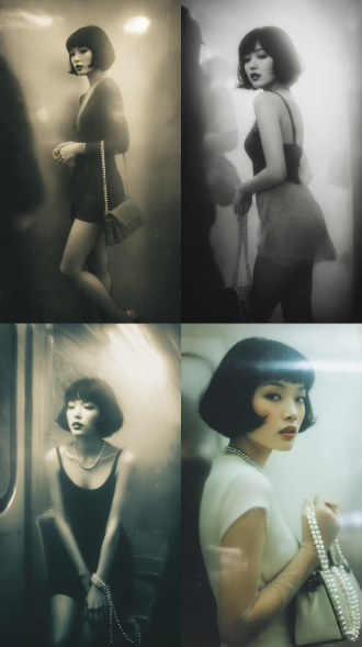 尼康颗粒感画面，富士胶片老照片质感，人像，细节精致。 在一幅受欧文·佩恩静物摄影启发的获奖摄影作品中，一位曲线优美、肌肤如细腻象牙白的东亚女孩，置身于缥缈梦幻的场景中。她身着丝袜与高跟鞋，为整体造型增添一抹优雅气质。带有刘海的层次感精灵短发勾勒出她的脸型，赋予画面更多立体感与质感。 场景细节丰富，设定在雾气氤氲的地铁站内，空气中弥漫着柔和朦胧的光晕。她手臂上悬挂着一只串珠手袋，光影流转间透出细微闪烁。从低角度仰拍的视角捕捉到过往列车的动态模糊，营造出充满张力的迷人画面。柔和漫射光强化了梦幻氛围，她神情宁静地环顾四周，唤起一种永恒的美感。这幅照片无缝融合现代与神秘元素，以和谐迷人的方式成就了一件大师级作品。