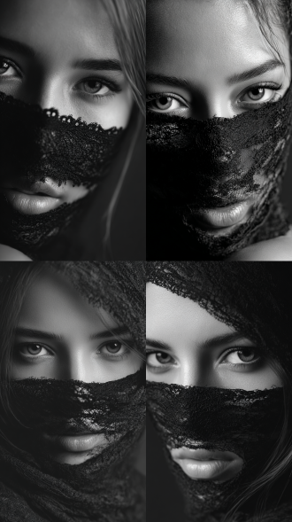 美女面部特写，绝色容颜，下半张脸朦着蕾丝黑色面纱，黑白无杂色，哑光黑背景，朦胧的轮廓剪影，水汪汪的眼睛，眼神坚定柔美，灵动，嘴唇丰润，发丝灵动，压低光线，羞涩，细节超细腻，超精细cg，32k高清