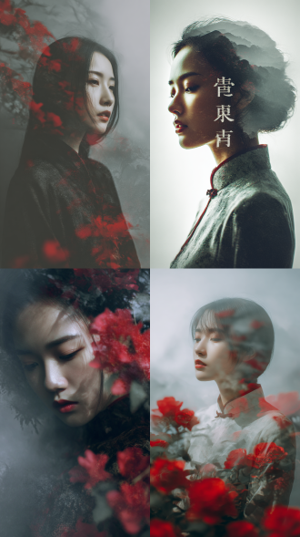 中式梦与氛围人像摄影，特写半身，一个温婉知性的东方美人 中式人物人物摄影，含禅意的视觉艺术摄影。偏 有多次 / 多重曝光、展现空间与梦的表达式。中式人物 青灰 红花海、噩梦、混沌之梦构成极简人像、怪诞主义，东方的，抽象极简表达且形式层次丰富。包括人物与空间组合、模糊效果（光圈、拖影、动感模糊），是个浑浊模糊的梦。用高纯度色彩、撞色对比色搭配黑白表达梦，有梦中梦。体现人物情绪，还有光影艺术（复杂光影、人物被光影包围），朦胧的梦。